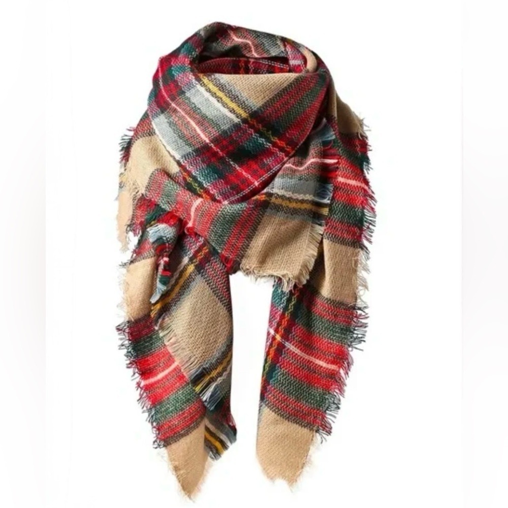 Zara Plaid Blanket Scarf Tan Red Green Oversized Square Wrap Frayed Tartan Check